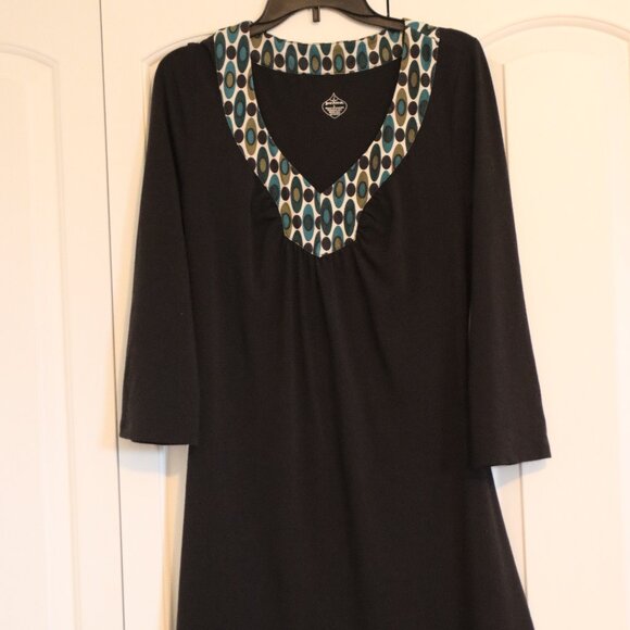 Prana Black Long Sleeve Dress V-Neck with Retro Circle/Oval Design Large - Picture 1 of 13